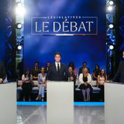 Tv-debattens deltagare Jordan Bardella, Gabriel Attal och Manuel Bompard.