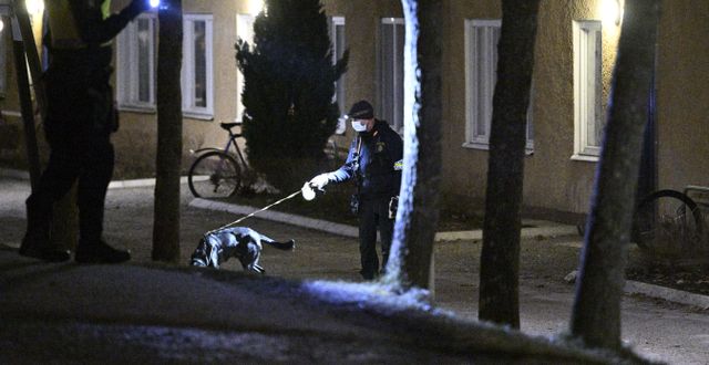 Polis på plats efter att en man hittats skjuten i Vårby i Huddinge söder om Stockholm. Anders Wiklund/TT