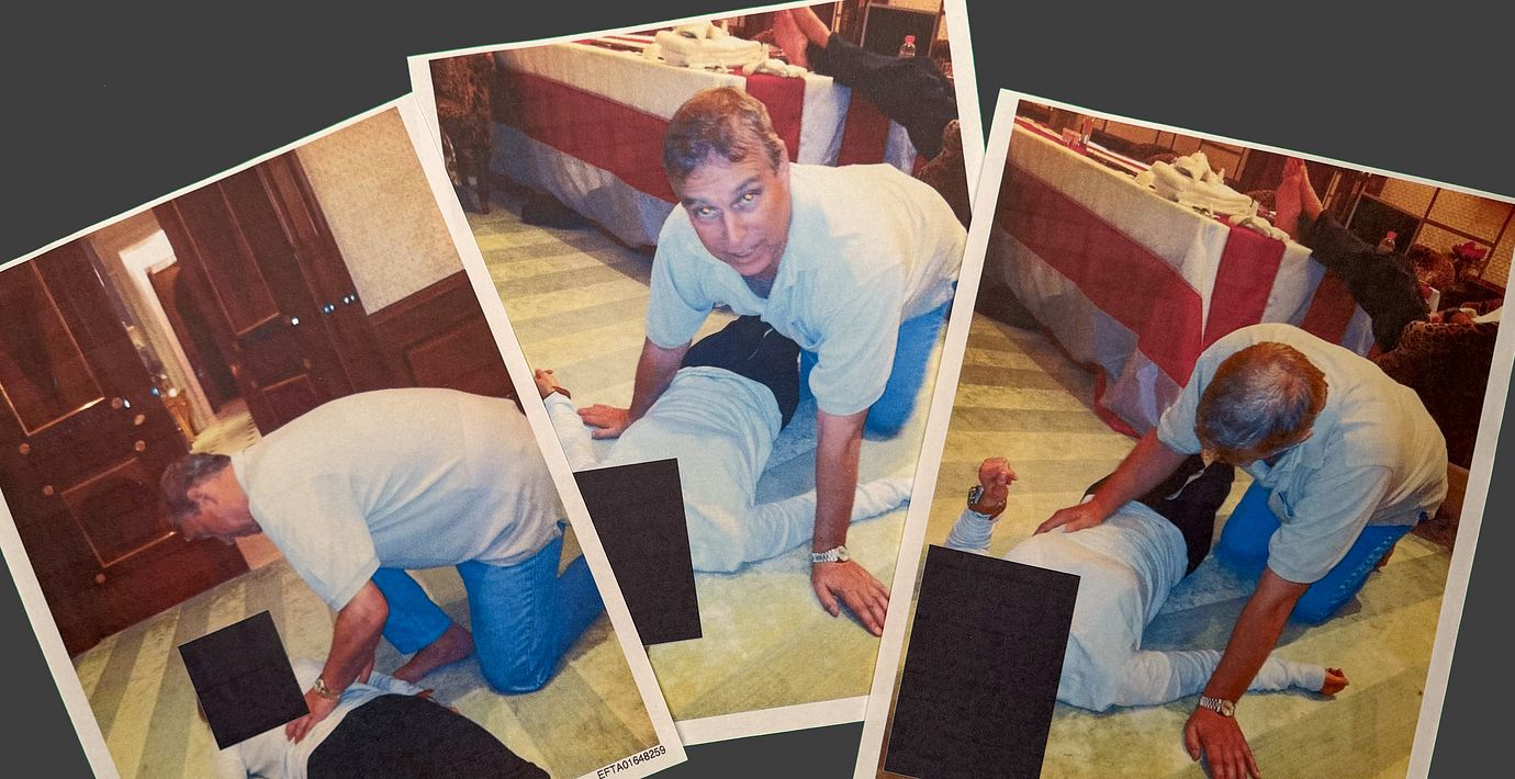 Bilder på Andrew ur Epstein-utredningen.