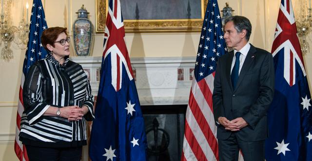 Australiens utrikesminister Marise Payne och USA:s utrikesminister Antony Blinken.  Nicholas Kamm / TT NYHETSBYRÅN