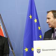 Statsminister Stefan Löfven med Österrikes förbundskansler Werner Faymann vid en presskonferense i Bella Venezia i Stockholm på tisdagskvällen.