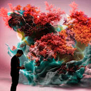 En man står med sin mobil framför en konstgjord korall på Världsekonomiskt forum i Davos, 2023.