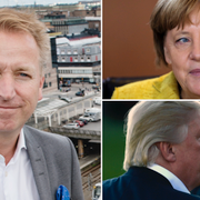 Jonas Olavi, allokeringsstrateg på Alfred Berg, till vänster. Tysklands förbundskansler Angela Merkel högst upp till höger och USA:s president Donald Trump, längst ner till höger. 