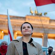 Belarus oppositionsledare Svetlana Tichanovskaja under ett framträdande i Berlin.