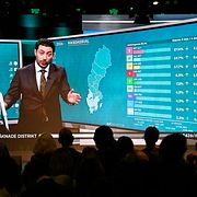 Programledaren Fouad Youcefi från SVT:s livesändning visas på storbildsskärm under Centerpartiets valvaka.