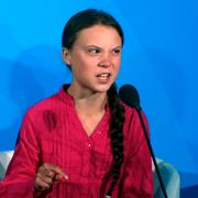 Greta Thunberg under sitt tal på FN:s klimatmöte i New York. 