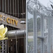 Blomma utanför Åhléns efter terrordådet./En soldat vid stängslet längs Ungerns södra gräns. 