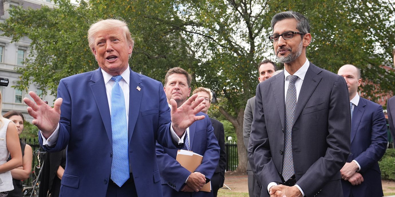 USA:s president Donald Trump och Alphabets vd Sundar Pichai efter mötet om AI-säkerhet i tisdags.