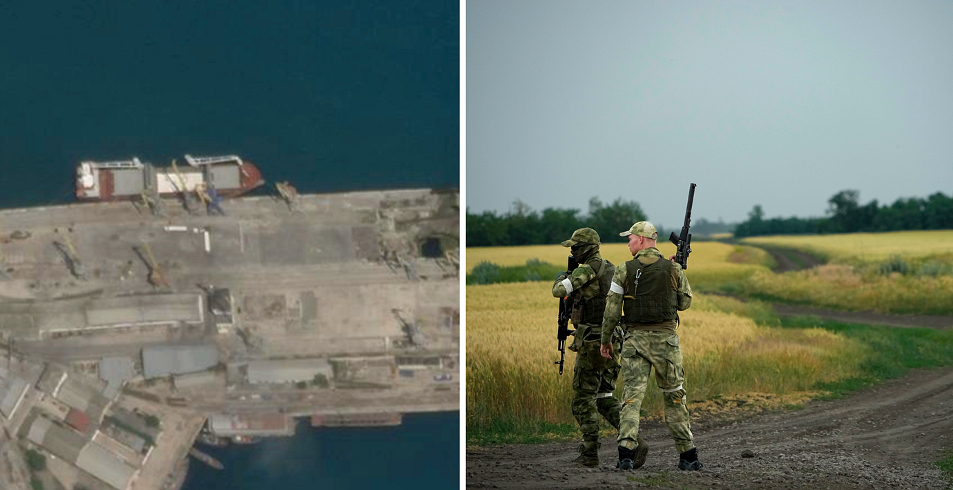 Feodosia på Krym har pekats ut som en av de hamnar där Ryssland lastar ukrainskt vete. Till höger ukrainska soldater vid ett vetefält.