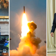 Arkivbilder på Donald Trump, ett kärnvapentest och Vladimir Putin.