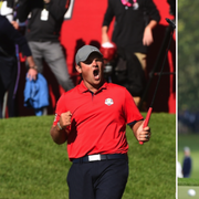 Jordan Spieth och Patrick Reed jublar. Henrik Stenson deppar.