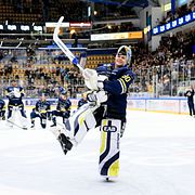 HV71:s målvakt Herman Liv jublar efter ishockeymatchen i SHL mellan HV71 och Skellefteå den 24 september 2026 i Jönköping. 