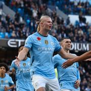 Manchester Citys Erling Haaland firar efter segern mot Southampton på Etihad Stadium in Manchester på lördagen. 