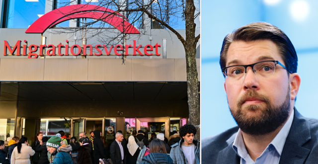 Människor köar utanför Migrationsverket i Sundbyberg/SD:s Jimmie Åkesson TT