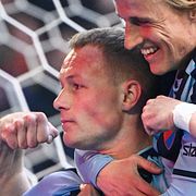 Djurgårdens Kristian Lien jublar med Jeppe Møldrup Okkels efter att ha gjort 3-2 under söndagens fotbollsmatch i allsvenskan mellan Djurgårdens IF och Kalmar FF.