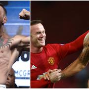 Conor McGregor. Till höger: Zlatan Ibrahimovic kramas om av lagkamraten Wayne Rooney.