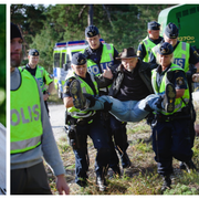 Jonas Sjöstedt, demonstrant som bärs bort från Ojnareskogen i augusti 2012.