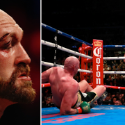 Tyson Fury i samband med nattens fajt/Fury efter att ha blivit knockad till marken av Deontay Wilder i förra matchen.