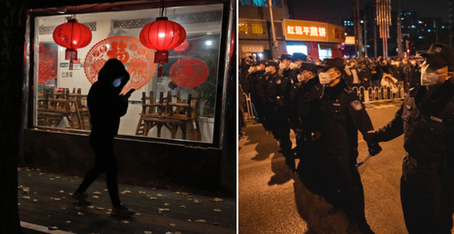 Kvinna och poliser i Peking 
