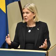 Socialdemokraternas partiledare Magdalena Andersson (S) under morgonens tal.