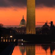 Soluppgång i Washington DC. I bakgrunden syns Kapitolium.