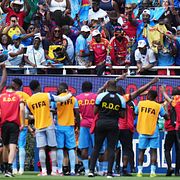 Kongo-Kinshasas spelare i samband med en VM-kvalmatch i mars.