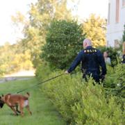 Poliser genomsöker området kring brottsplatsen efter bevis.