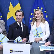 Simona Mohamsson (L), Ulf Kristersson (M), Ebba Busch (KD) och Jimmie Åkesson (SD) under en pressträff tidigare i år.