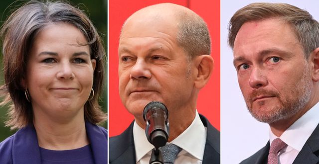 De grönas Annalena Baerbock, SPD:s Olaf Scholz, FDP:s Christian Lindner. TT