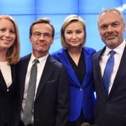 Annie Lööf (C), Ulf Kristersson (M), Ebba Busch (KD) och Jan Björklund (L) 2018. 