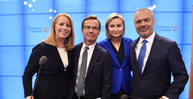 Annie Lööf (C), Ulf Kristersson (M), Ebba Busch (KD) och Jan Björklund (L) 2018.  Henrik Montgomery/TT / TT NYHETSBYRÅN
