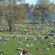 Människor njuter av solen i Rålambshovsparken i Stockholm på Kristi himmelsfärdsdag