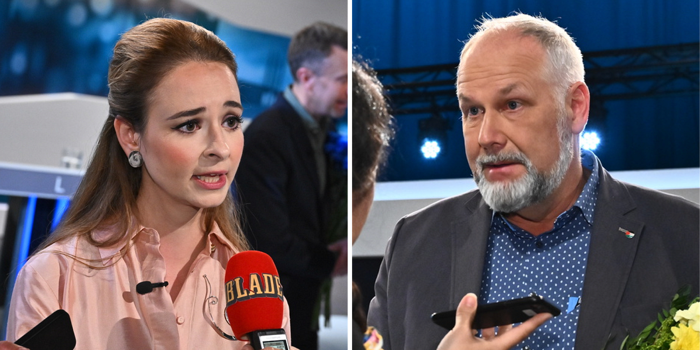 Alice Teodorescu Måwe och Jonas Sjöstedt efter SVT:s debatt. 