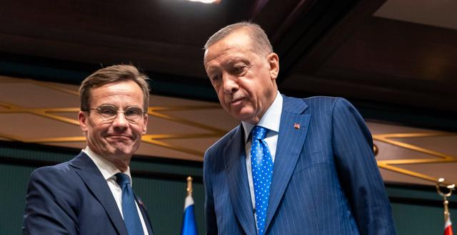 Sveriges statsminister Ulf Kristersson (M) och Turkiets president Recep Tayyip Erdogan. Henrik Montgomery/TT