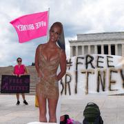 Britney Spears-docka i kartong under en #FreeBritney-protest i Washington. Arkivbild från 2021. 