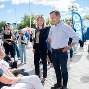 KD-ledaren Ebba Busch och M-ledaren Ulf Kristersson under valrörelsen. 