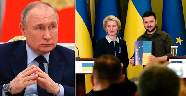 Vladimir Putin/EU-kommissionens Ursula von der Leyen och Ukrainas president Volodymyr Zelenskyj.  TT.