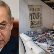 Benjamin Netanyahu, brandskadat hem i Haifa.