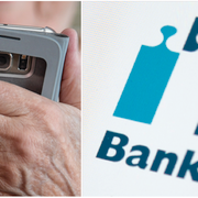 Äldre person med mobiltelefon samt bank-id:s logotyp.