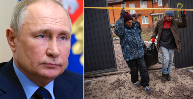 Vladimir Putin/invånare i Butja bär en person som dödats av ryska soldater. TT