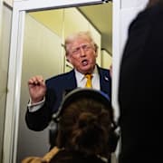 Donald Trump talar med reportrar på Air Force One, arkivbild. 