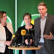 Isabella Lövin, Emma Nohrén och Per Bolund när Miljöpartiet presenterade valberedningens förslag att Bolund tar över som språkrör.