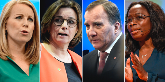 Annie Lööf (C), Isabella Lövin (MP), Stefan Löfven (S), Nyamko Sabuni (L).  TT