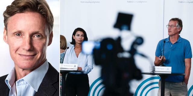 Attendos vd Martin Tivéus/Statsepidemiolog Anders Tegnell på en pressträff. Pressbild/TT