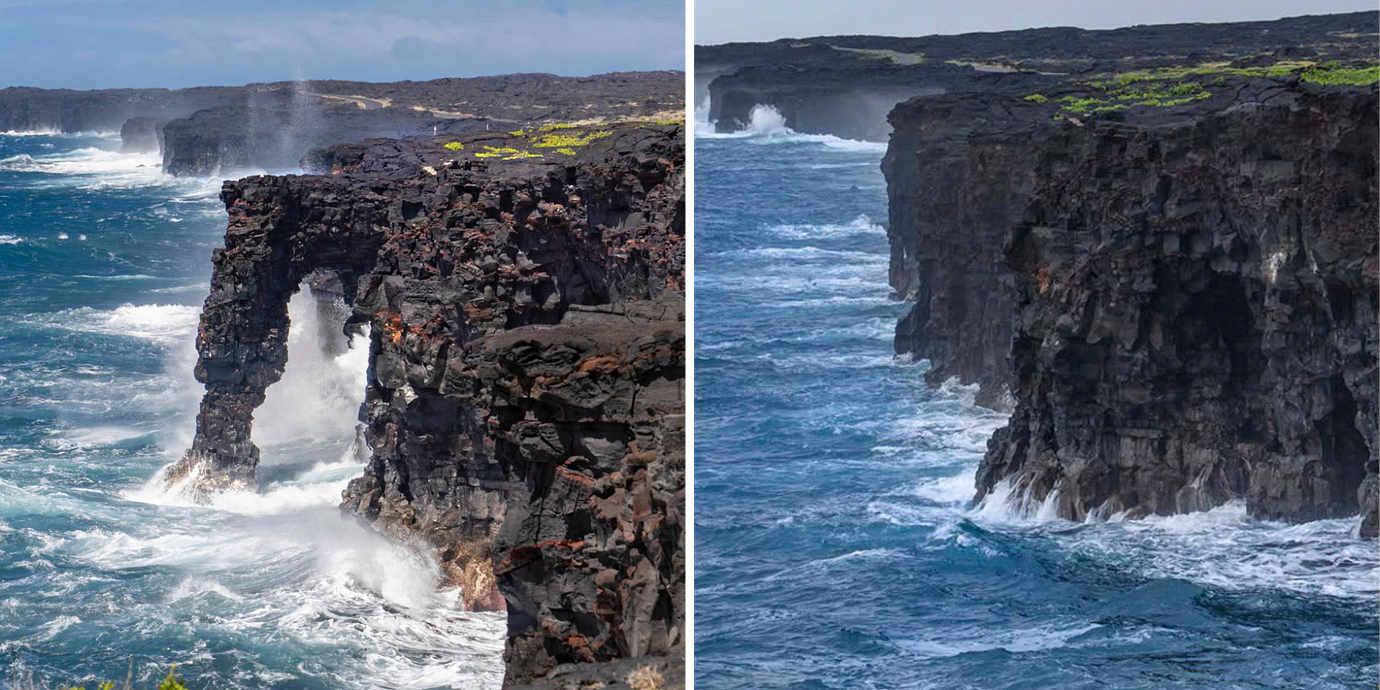 Hōlei Sea Arch, före och efter kollapsen.