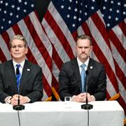 USA:s finansminister Scott Bessent och USA:s handelsrepresentant Jamison Greer under pressträffen i Stockholm.