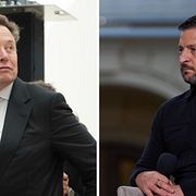 Till vänster: Elon Musk under ett evenemang i Washington förra veckan. Till höger: Ukrainas president Volodymyr Zelenskyj under en presskonferens i Kyjiv i början av september.