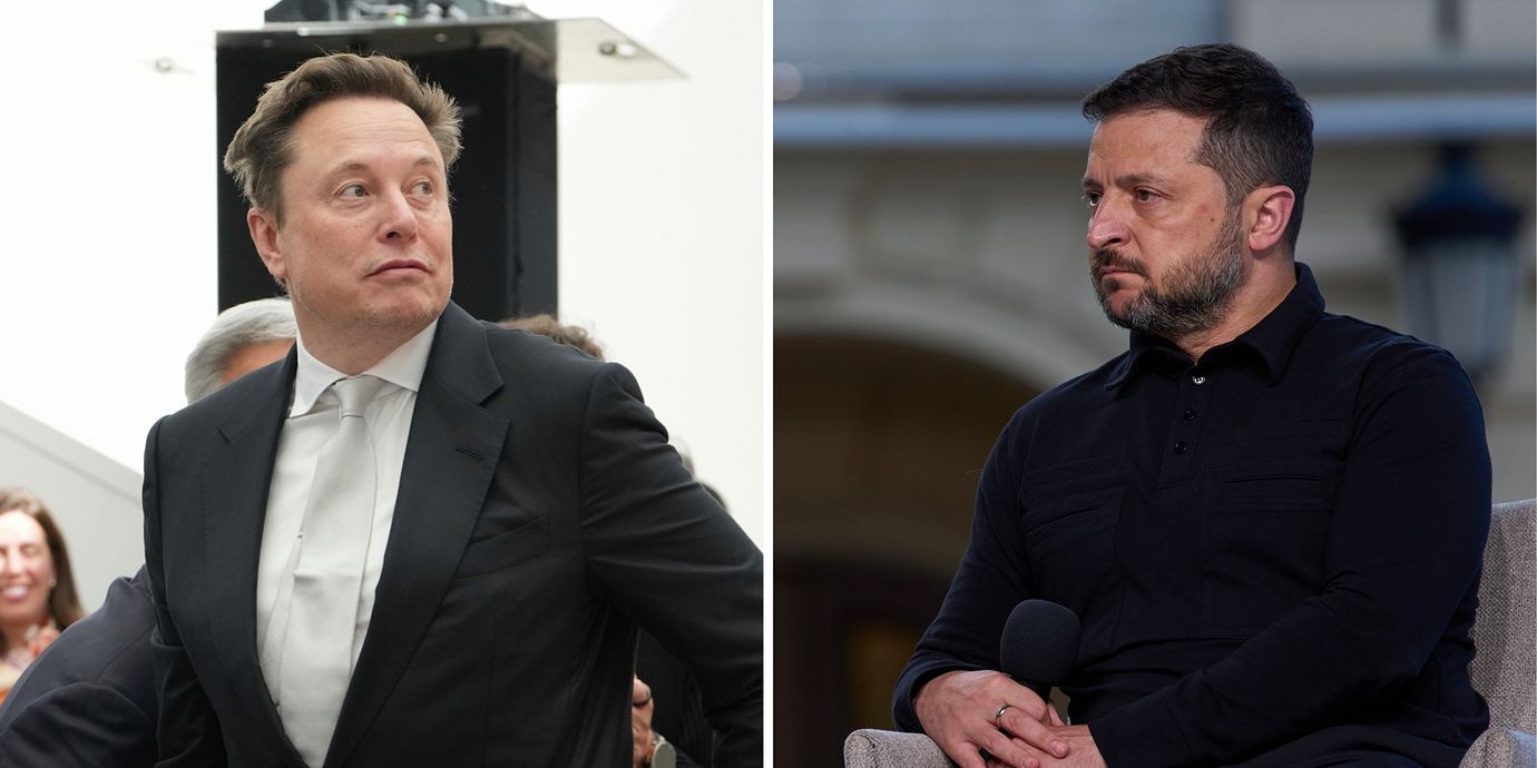 Till vänster: Elon Musk under ett evenemang i Washington förra veckan. Till höger: Ukrainas president Volodymyr Zelenskyj under en presskonferens i Kyjiv i början av september.