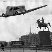 Aprilskämt från  1950 om att spårvagnsflyget som skulle gå i centrala Stockholm.