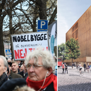 Protest mot Nobelcenter (t v), Nobelcentret (t h).